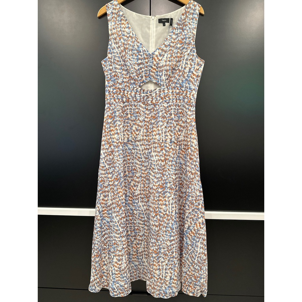 Theory SL Cutout Dress Desert Lawn Blue Multi Abstract Midi M0505621 Size 10 NEW